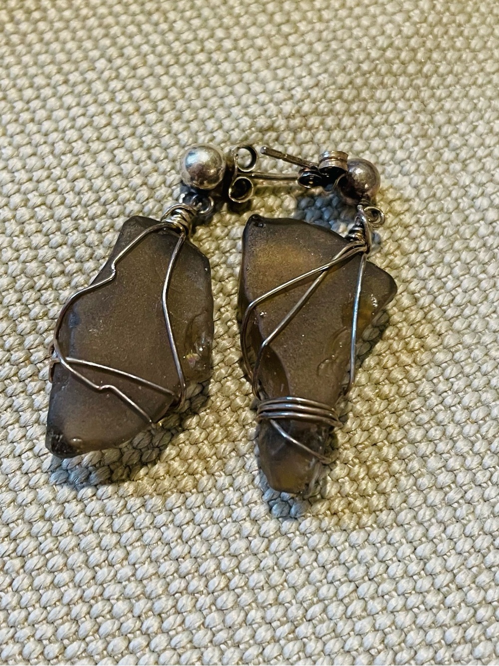 Handmade Smoke Gray Sea Glass Wire-Wrap Earrings
